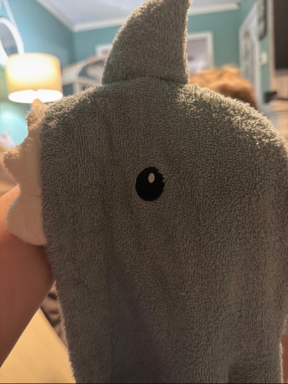 Shark Light Blue Hooded Towel Robe with Cream Trim - Picture 2 of 3